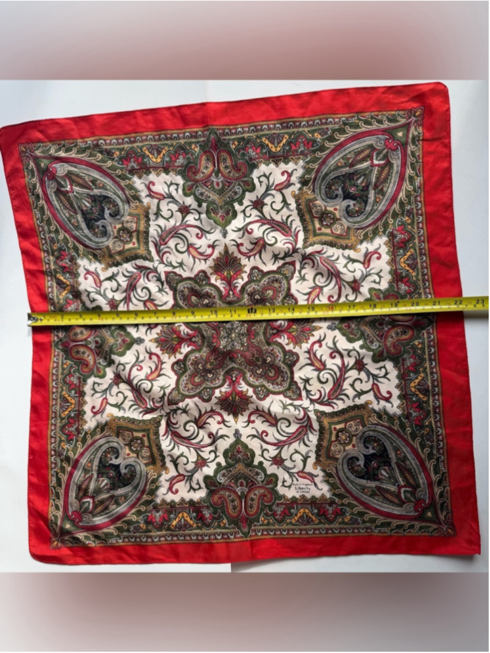 Vintage Liberty of London Silk Scarf Red Cream Green Paisley Made in England - Picture 6 of 6